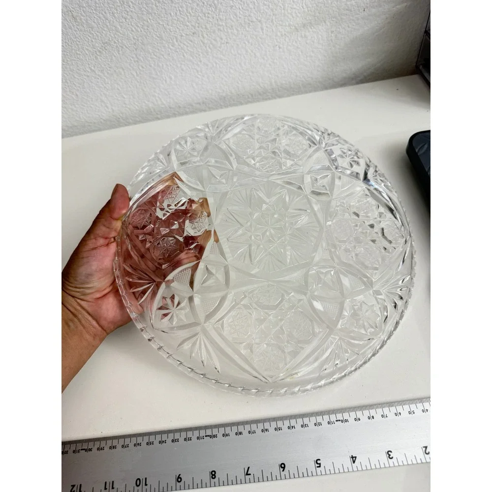 Vintage Heavy Cut Glass Round Platter Starburst Pinwheel Serving Tray 11.5 inch